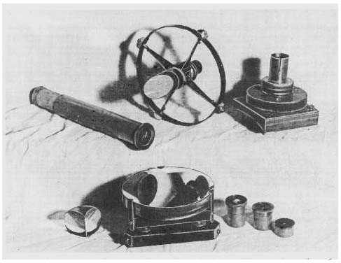 Plate V. Optical parts of a Newtonian: finder, diagonal mirror, spider support, eyepiece adapter tube and holder, prism (alternate for the diagonal), primary mirror in cell, eyepieces.