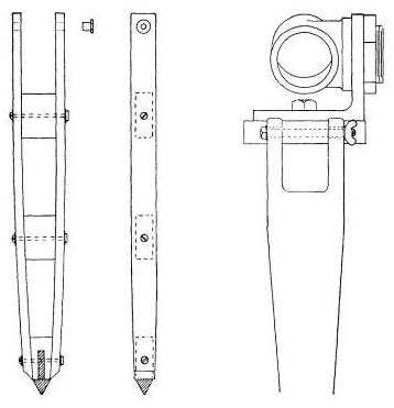 Fig. 74 (left). Plan for a wooden tripod leg. Fig. 75 (right). How wooden tripod legs may be attached to the casting shown in Fig. 76.
